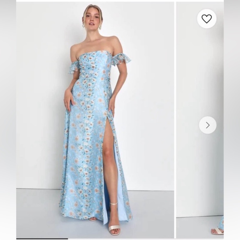 Endless blooms blue floral organza off-the-shoulder maxi dress